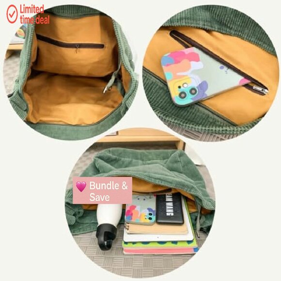 Corduroy Tote Bag with Zipper, Adjustable Strap, Large Capacity - Picture 6 of 8